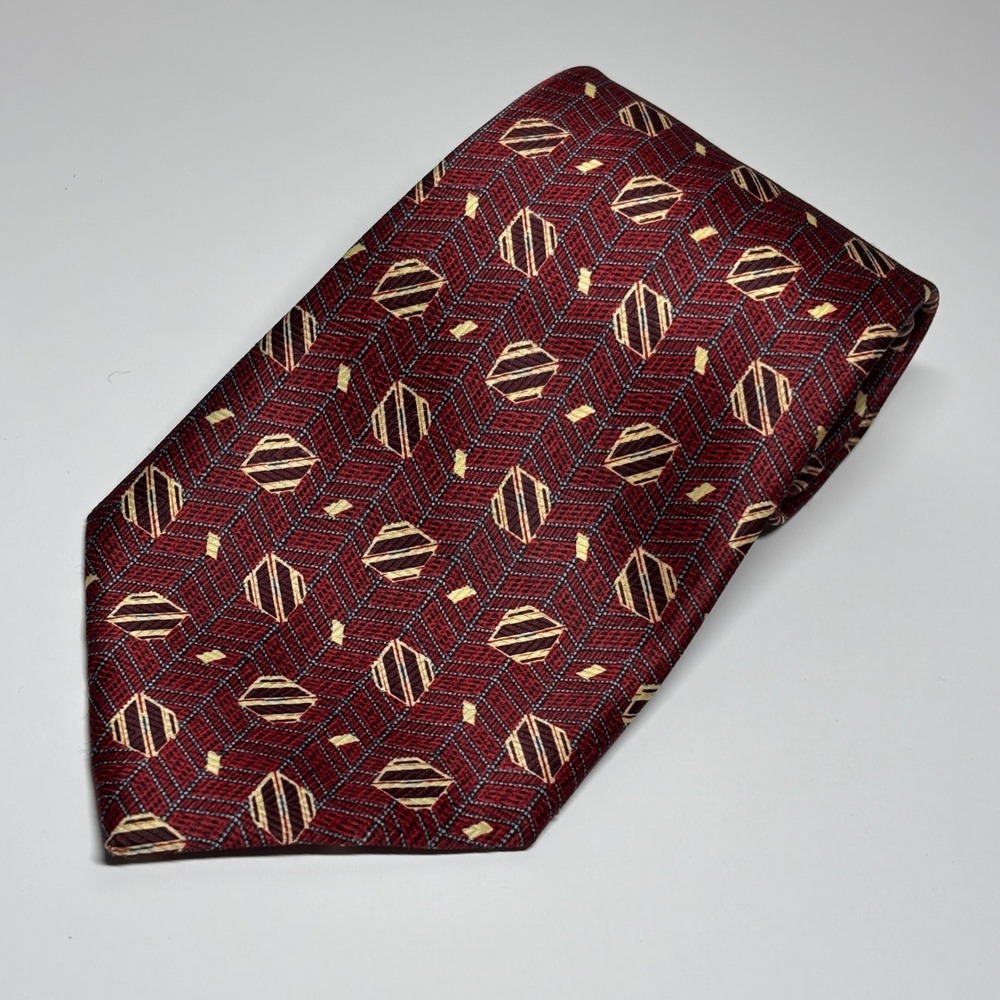 Cornerstone Geometric‎ Necktie Mens OS Burgundy Gold Chevron Hexagon Corporate